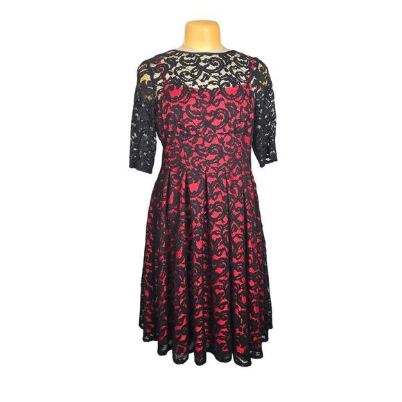 Adrianna Papell Womens Fit Flare Dress Red Black Lace Overlay Feminine Event - Picture 1 of 14
